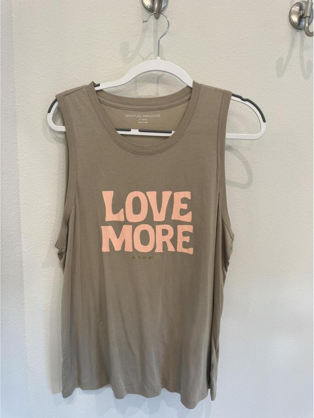 Spiritual Gangster XL Beige Sleeveless Tank Top with 'LOVE MORE' Print